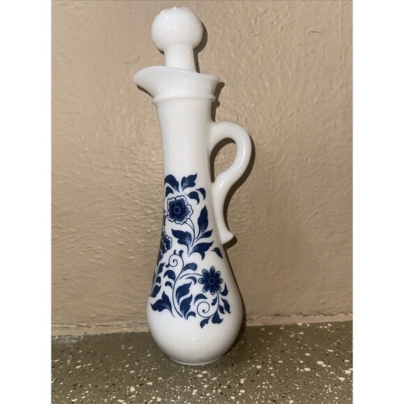 Vintage Avon Milk Glass with Blue Floral Flowers Cruet Bottle with Stopper‎ - Picture 1 of 5